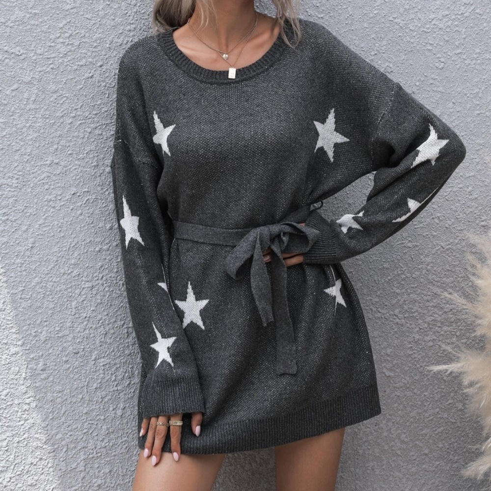 charcoal star print belted sweater dress fall - Picture 1 of 5